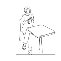 One continuous single drawing line art flat doodle person, cafe, woman, lemonade, lifestyle, drink, summer, drinking, table. Isolated image hand draw contour on a white background