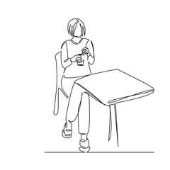 One continuous single drawing line art flat doodle person, cafe, woman, lemonade, lifestyle, drink, summer, drinking, table. Isolated image hand draw contour on a white background