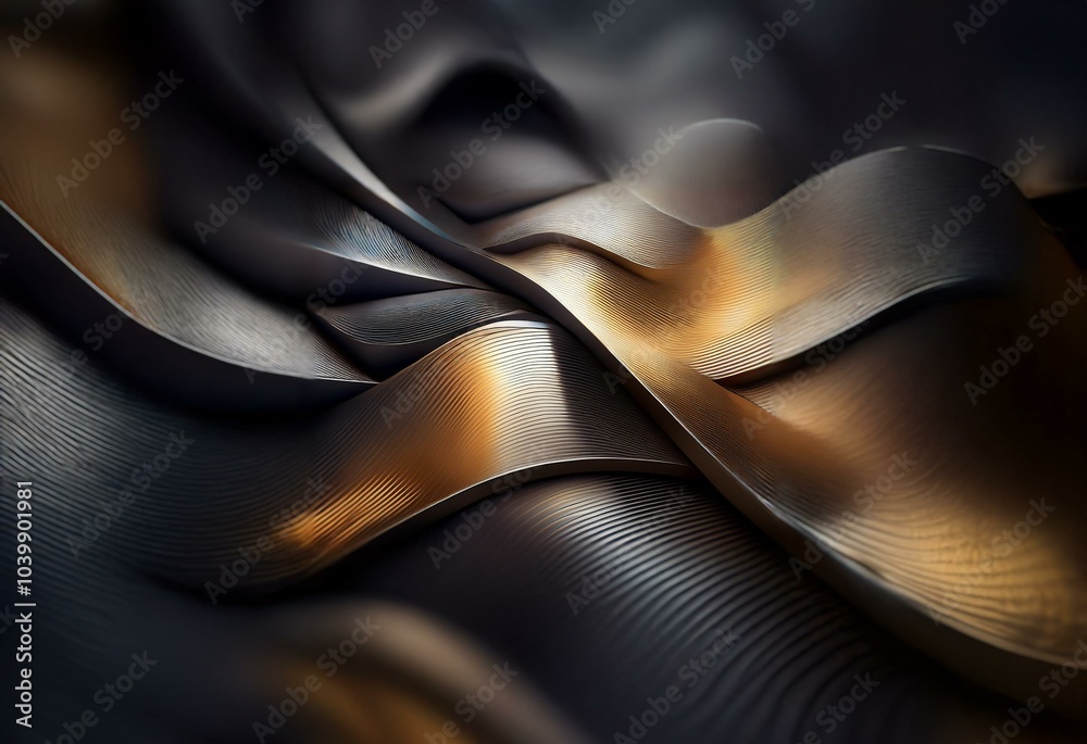 Fototapete abstract metallic shapes curve and intersect, reflecting light and shadow.