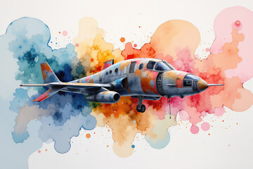 Naklejka premium Old weathered airplane flying through colorful watercolor paint splatter