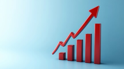 A red graph arrow pointing upwards on a blue background, symbolizing growth and business success. 
