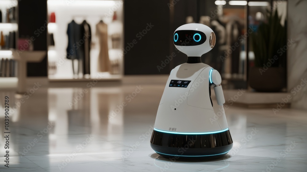 Poster a futuristic robotic assistant providing personalized virtual shopping experiences in a sleek retail