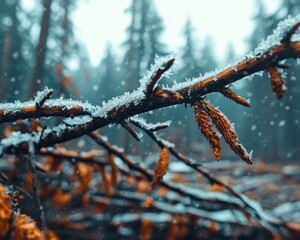 Stunning Winter Forest Landscape with Snow-Covered Branches and Delicate Frost Patterns on Bark, A Captivating View of Nature's Beauty in the Cold Season