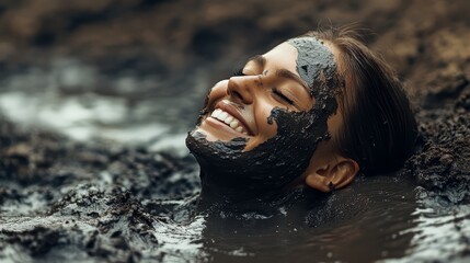 Freedom and survival concept. The woman is happy as he pushes himself above muddy obstacle, able to breathe and survive.
