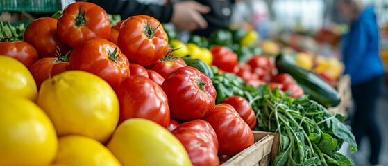 Vibrant Display of Fresh Produce at a Farmers Market with Colorful Fruits and Vegetables
