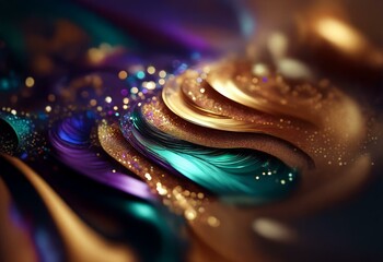 Fototapeta premium Abstract pattern of layered wavy shapes in gold, teal, purple, and shimmering lights.