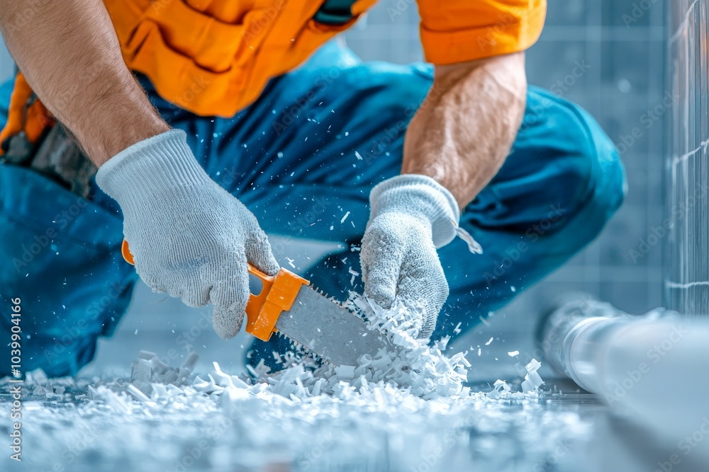 Wall mural close-up of plumber cutting pipe with gloved hands