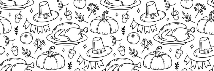 Happy Thanksgiving doodle pattern. Pumpkin, hat, garland of flags and turkey elements. Horizontal autumn background. Harvesting. For wallpaper, invitation. Vector hand drawn doodle illustration.