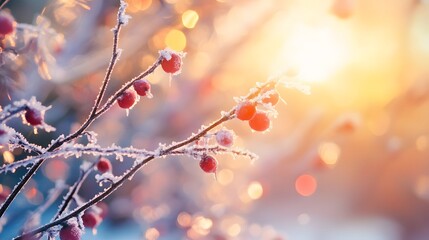 Warm winter sun over snowy field
