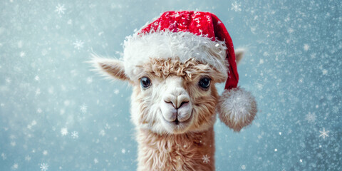 Cute alpaca wearing a festive santa hat standing in a snowy winter setting, bringing holiday joy. Ideal for sending warm wishes on greeting cards or sharing on social media