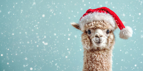 Alpaca posing wearing a santa claus hat on a blue background with snowflakes for a cute christmas greeting card