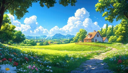 Cartoon-style scene with a beautiful farm with green fields, blue sky, and a sunny day. 
