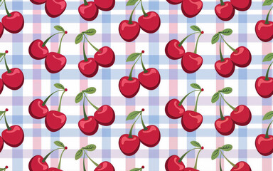 Cherry pattern illustration on a pastel gingham plaid background. Seamless design features bright red cherries arranged on a soft blue and pink checkered backdrop. Ideal for textile and wrapping paper