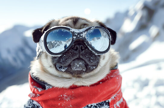 Cute funny pug dog having a blast on a winter vacation, sporting ski goggles and a cozy red scarf in the mountains