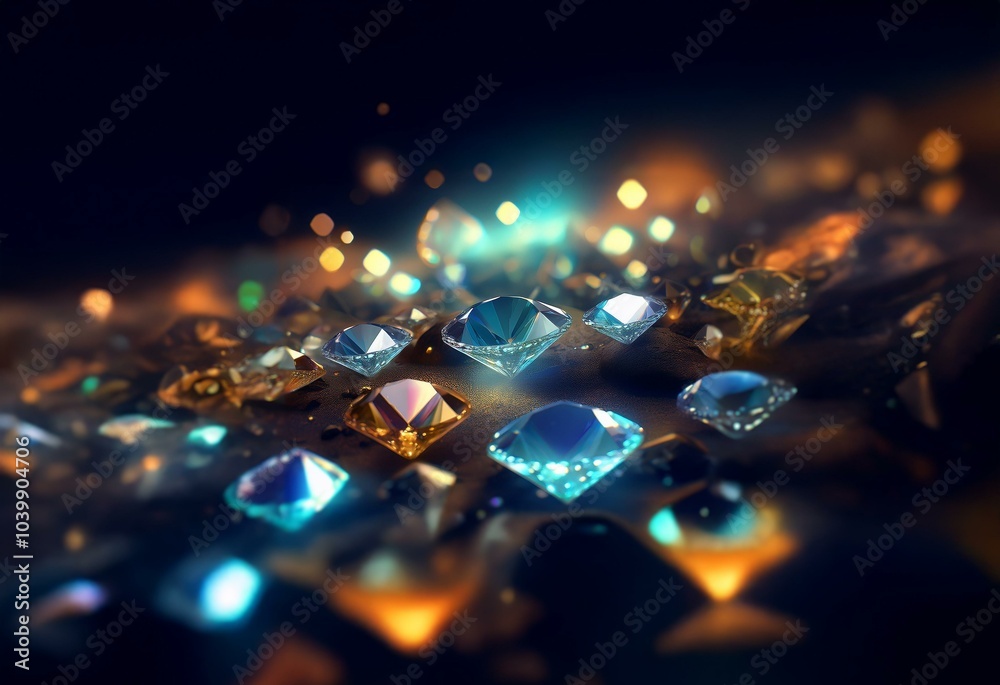 Poster sparkling diamonds rest on a dark, textured surface, illuminated by soft, warm light.