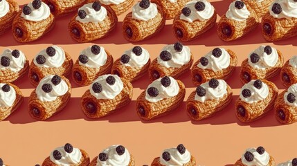 Fototapeta premium A pattern of mini pastries with whipped cream and blueberries on an orange background.