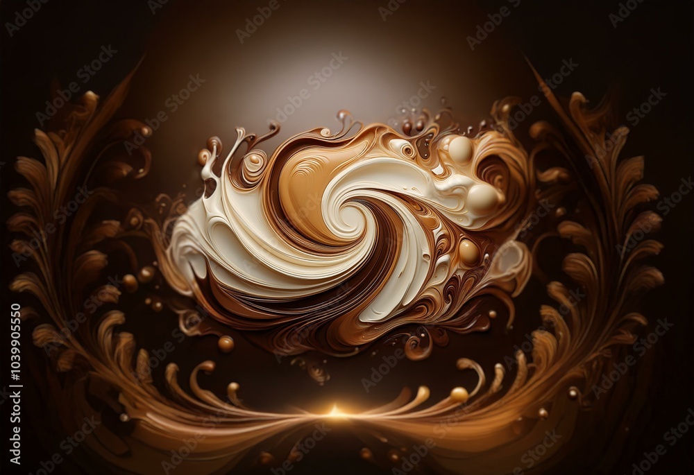 Poster swirling patterns of brown and cream liquid splash and form abstract shapes against a dark backdrop.