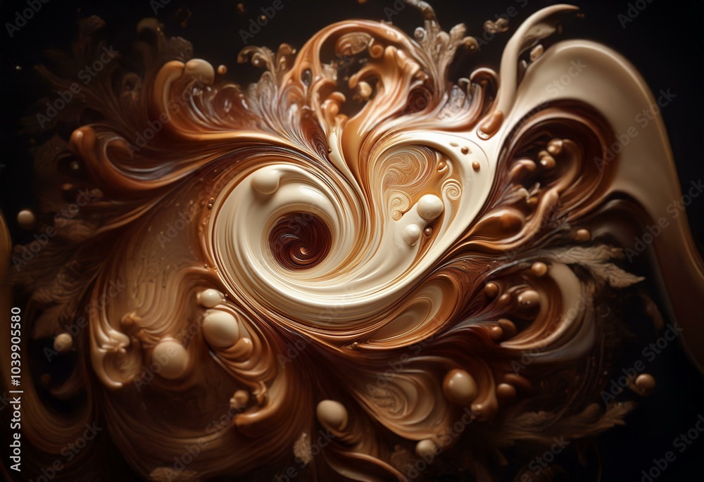 Poster swirling, abstract patterns of brown and white liquid with bubbles.