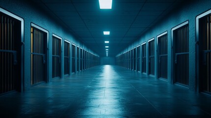 Dimly Lit Empty Prison Corridor with Metal Cells