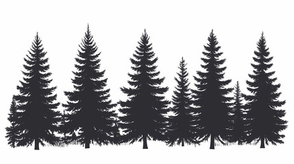 Winter forest silhouettes of fir trees and spruces with wood tree background.