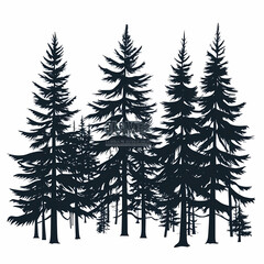 Obraz premium Winter forest silhouettes of fir trees and spruces with wood tree background.