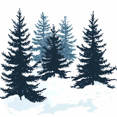 Obraz premium Winter forest silhouettes of fir trees and spruces with wood tree background.