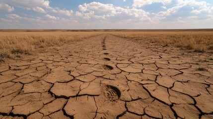Cracked earth landscape with footprints under a clear sky.
