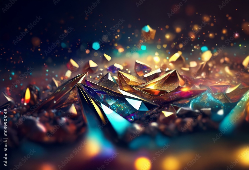 Poster A close up of sharp, iridescent, colorful crystal shapes with bokeh light spots in the background.