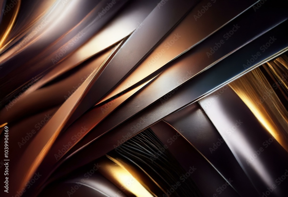Poster abstract background with overlapping metallic strips in shades of gold, bronze, and black.