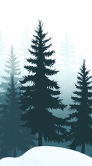 Fototapeta premium Winter forest silhouettes of fir trees and spruces with wood tree background.