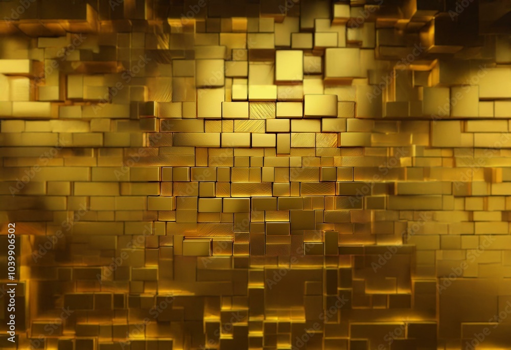 Aufkleber A wall of golden cubes, some are square and some are rectangular, and they create a textured surface.