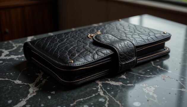Elegant black leather wallet with zipper on marble table