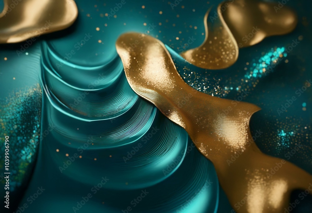 Poster abstract background with teal and gold swirls and sparkles.
