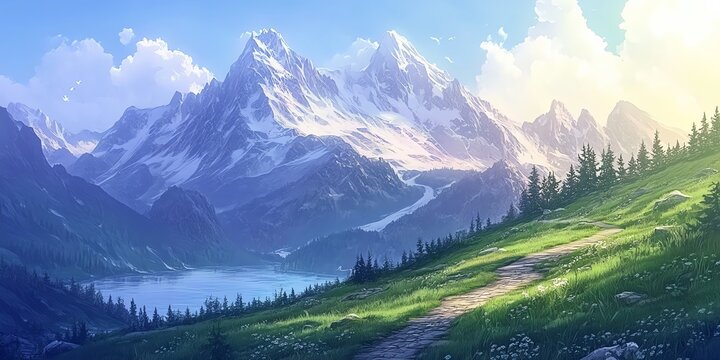 A winding path leads through a lush green meadow towards a majestic snow-capped mountain range, with a serene lake nestled in the valley below.