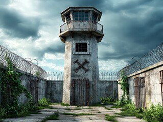Desolate Prison Tower Overlooking Empty Yard
