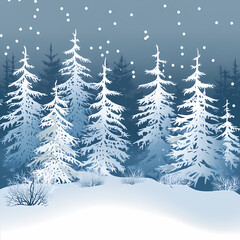 Obraz premium Winter forest silhouettes of fir trees and spruces with wood tree background.