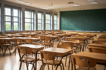 Empty High School Classroom with Wooden Chairs and Desks – Back to School concept.