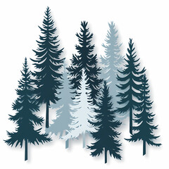 Obraz premium Winter forest silhouettes of fir trees and spruces with wood tree background.