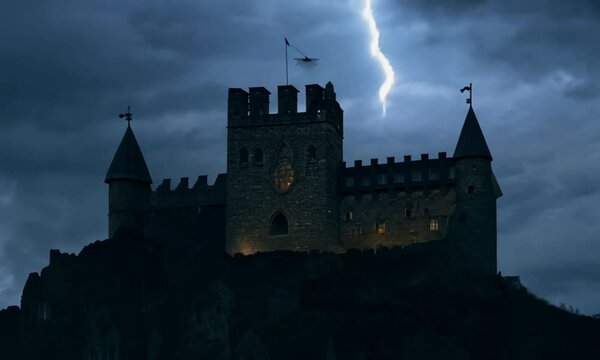 A medieval castle stands majestically against the night sky, showcasing its ancient architecture and historical significance in a European landscape