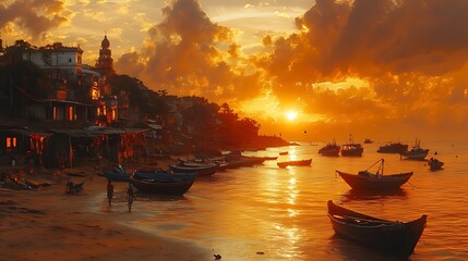 Obraz premium A breathtaking sunrise over a coastal village with boats and fishermen on the beach.