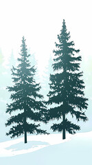 Obraz premium Winter forest silhouettes of fir trees and spruces with wood tree background.