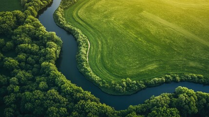 Aerial shot of a curving river winding through a sea of green fields, illustrating the captivating patterns formed by nature