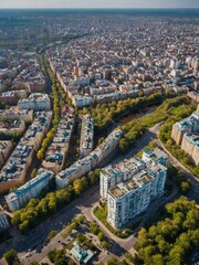 Fototapeta premium Aerial view of densely populated urban city with tall buildings, residential apartments, and roads surrounded by trees and greenery