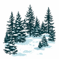 Winter forest silhouettes of fir trees and spruces with wood tree background.