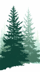 Obraz premium Winter forest silhouettes of fir trees and spruces with wood tree background.