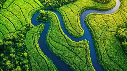 Obraz premium Aerial view of a serpentine river cutting through lush fields, highlighting the intricate beauty of nature's green and blue patterns