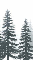 Obraz premium Winter forest silhouettes of fir trees and spruces with wood tree background.