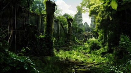 Obraz premium Ancient Ruins Surrounded by Lush Jungle Vegetation
