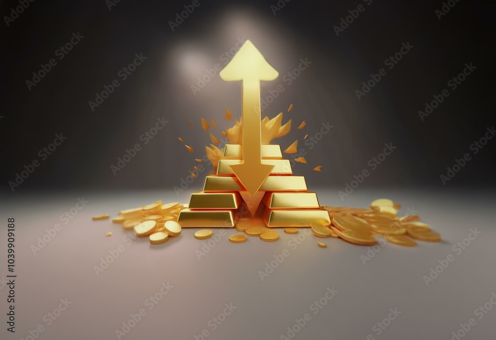 Aufkleber golden arrow pointing up breaks through a pyramid of gold bars and coins scattered below.