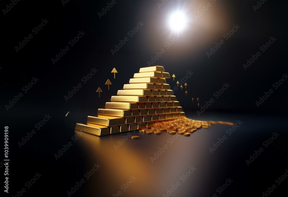 Poster a pyramid of shiny gold bars with coins spilling out at the base, backlit by a glowing light. arrows
